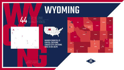 Fototapeta na wymiar 44 of 50 states of the United States, divided into counties with territory nicknames, Detailed vector Wyoming Map with name and date admitted to the Union, travel poster and postcard