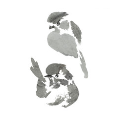 Couple of sparrows  painted with minimum strokes (ink and watercolors on xuan paper, oriental style). Texture of paper and brush strokes - intact. Background`s been removed.