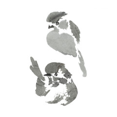 Couple of sparrows  painted with minimum strokes (ink and watercolors on xuan paper, oriental style). Texture of paper and brush strokes - intact. Background`s been removed.