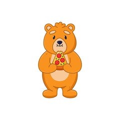 Obraz na płótnie Canvas Cute bear cartoon character eating slice of pizza sticker. Friendly orange comic forest animal eating fast food flat vector illustration isolated on white background. Wildlife, emotions concept