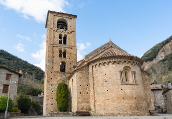 Fototapeta na wymiar Picturesque view of romanesque church of Saint Christopher in medieval village Beget in spanish Pyrenees.Beget, Catalonia Spain