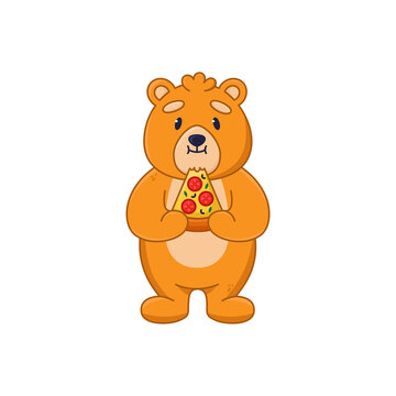 Cute bear cartoon character eating slice of pizza sticker. Friendly orange comic forest animal eating fast food flat vector illustration isolated on white background. Wildlife, emotions concept