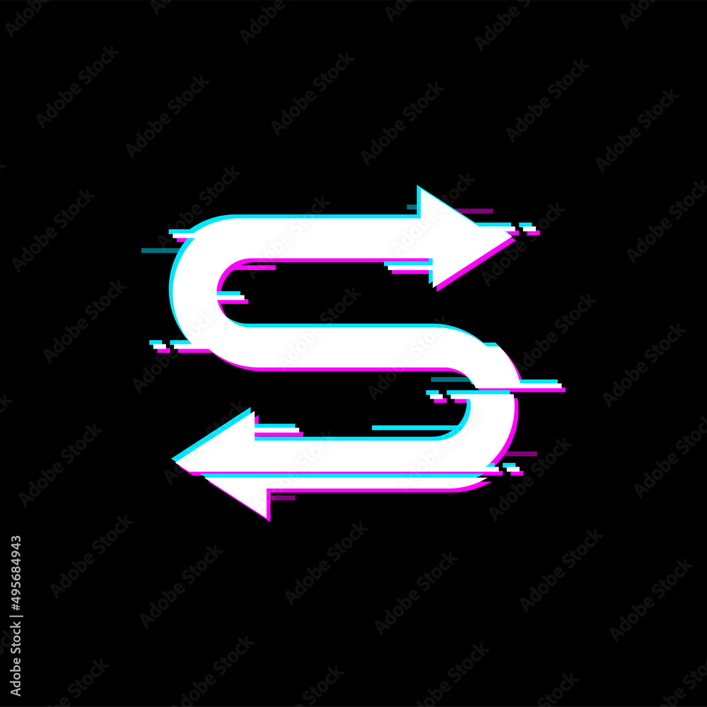 Poster Curved arrows pointers isolated circle arrow navigation design pointer with glitch effect. Vector bug on ui game interface panel, cursor and signal loss glitched screen digital noise, left and right