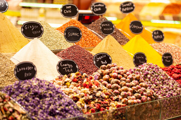 Egyptian bazaar with lots of spices, dry fruits and  tea, Istanbul, Turkey