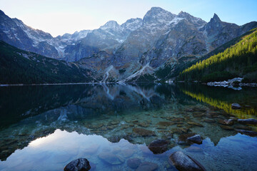 Morskie Oko Lake in Tatra National Park; long exposure photography of nature, Poland - obrazy, fototapety, plakaty