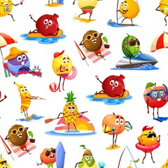 Cheerful fruits characters on summer vacation, seamless pattern. Vector background with funny garnet, plum, banana, kiwi, lemon and watermelon. Pineapple, peach, pear and mandarin with mango or orange