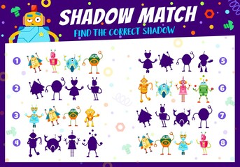Cartoon mechanic robots on kids shadow game worksheet. Kids educational playing activity, shadow compare game or children logical riddle with finding correct shadow. Child intelligence vector puzzle