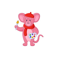 Artistic pink mouse cartoon character with palette sticker. Cute comic rat with paints and paintbrush flat vector illustration isolated on white background. Emotions, animals concept