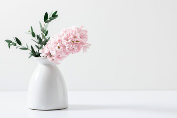 Pink hyacinth, eucalyptus on white wall background. Spring flower hyacinth in vase on pink background.