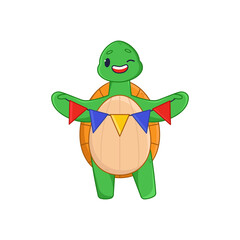 Winking turtle cartoon character holding party flags sticker. Cute comic tortoise with birthday celebration decorations flat vector illustration isolated on white background. Emotions, animals concept