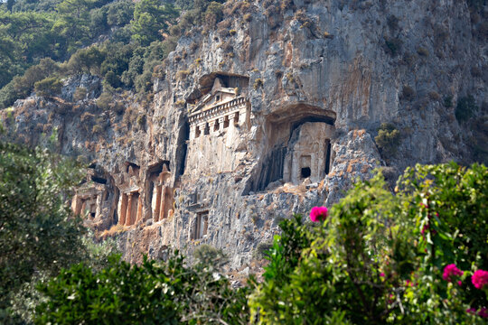 Ancient Lycian rock tombs in Dalyan town, Turkey