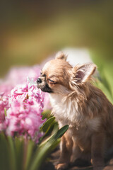 Close up portrait of cute happy tiny orange puppy of long haired chihuahua sitting among blooming pink flowers and smelling them with closed eyes on the green background on sunny day