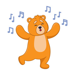 Cute orange bear cartoon character singing and dancing sticker. Funny comic forest animal listening to music flat vector illustration isolated on white background. Wildlife, emotions concept