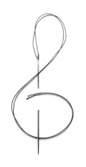 Shape of treble clef made with sewing needle and thread isolated on white, top view