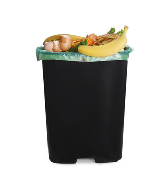 Bin full of garbage on white background. Rubbish recycling