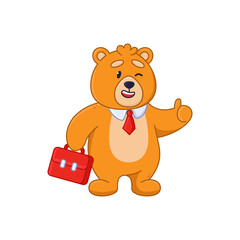 Funny orange bear cartoon character with briefcase sticker. Cute comic forest animal as office worker or businessman flat vector illustration isolated on white background. Wildlife, emotions concept