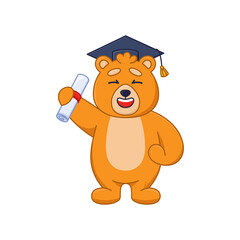 Happy bear cartoon character graduating from university sticker. Orange comic forest animal with graduation cap and diploma flat vector illustration on white background. Wildlife, emotions concept