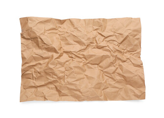 Fototapeta na wymiar Sheet of crumpled brown paper on white background, top view