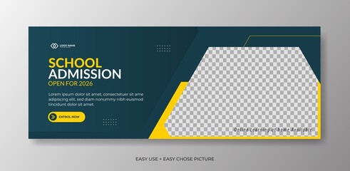 Editable school admission Web banner template. With blue and yellow colour background