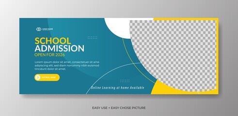 Editable school admission Web banner template. With blue and yellow colour background