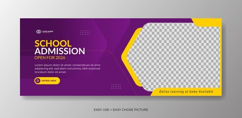 Editable school admission Web banner template. With purple and yellow colour background
