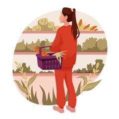 Young woman in the store chooses vegetables, herbs and salad. Woman with grocery basket. Housekeeping concept. Сoncept of proper nutrition. Women routine. Vector illustration.