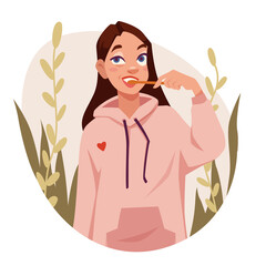 Young woman brushes her teeth with a toothbrush in the bathroom. Hygiene before bed and in the morning. Beauty routine. Vector illustration.