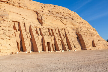 Facade of The Temple of Nefertari the Queen of Pharaoh Ramses II in Abu Simbel Village.
