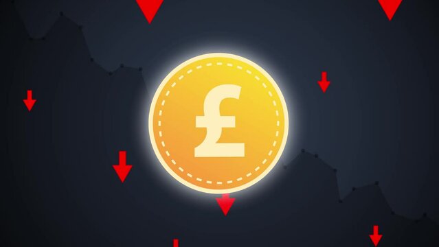 Concept of British money losing value. 3D animation of the pound sterling coin