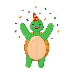 Happy turtle cartoon character in party hat sticker. Cute comic tortoise celebrating birthday or event, confetti flat vector illustration isolated on white background. Emotions, animals concept