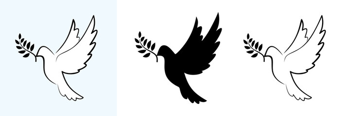Flying pigeon as a symbol of peace. No war sign. The concept of peace in world and Ukraine. Dove of peace with an olive branch. Vector eps8 illustration isolated on white background. - obrazy, fototapety, plakaty