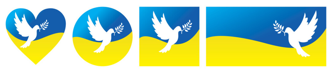 Dove of peace with olive branch. The concept of peace in Ukraine. No war symbol. Flag of Ukraine in the form of heart, circle, square, rectangle with flying bird silhouette. Vector eps8 illustration.