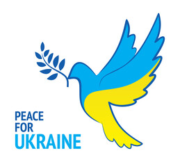 Flag of Ukraine in the form of dove of peace. No war symbol. Flying bird sign in blue and yellow. Pigeon with olive branch. The concept of peace in Ukraine. Save life concept. Vector eps8 illustration