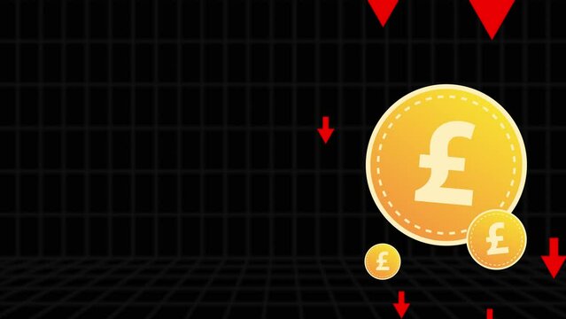 British Pound sterling coin with descending red arrows and black background. 2D money animation