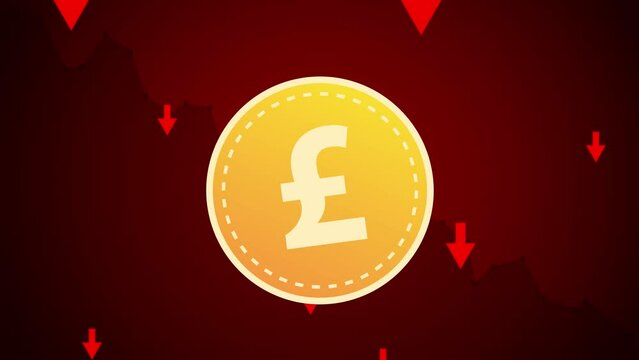 Concept of british money with red arrows falling behind in bear market. Pound sterling 2D animation.