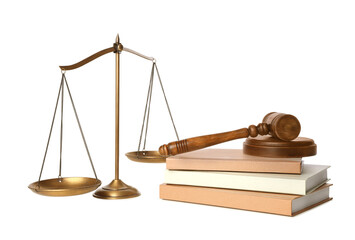 Wooden gavel, books and scales of justice on white background