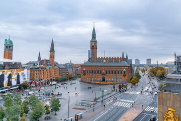 Fototapeta na wymiar Copenaghen, Denmark - October 2, 2021: top view of Rådhuspladsen, square located in the center of Copenaghen, a favorite location for events and demonstrations
