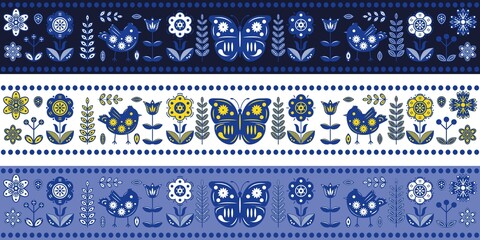 Seamless border with elements of flowers, butterflies and birds in scandinavian style. © malinka_bond