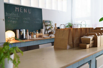 Take away boxes with lunch prepared for delivery in restaurant.