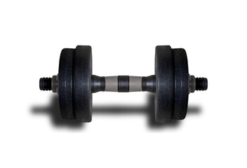 Black rubber metal Dumbbell with shadow. illustration isolated on white background. Gym, fitness and sports equipment symbol