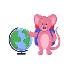 Pink mouse cartoon character planning hiking trip sticker. Adorable comic rat with backpack showing globe flat vector illustration isolated on white background. Emotions, animals concept