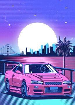 Retro Red Car Synthwave Poster With Vaporwave Sunset, Neon Gradient Background