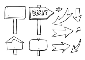 Hand drawn doodle wood signs and arrows on white background.