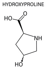 Hydroxyproline (Hyp) amino acid. Essential component of collagen. Skeletal formula.