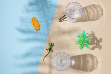 Top view of toys on colorful background