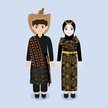 Indonesian Couple Wearing Rote, Nusa Tenggara Timur Traditional Costume Vector Illustration.