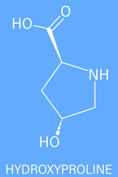 Hydroxyproline (Hyp) amino acid. Essential component of collagen. Skeletal formula.