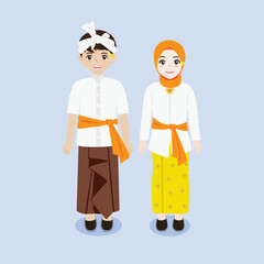 Indonesian Couple Wearing Bali Traditional Costume Vector Illustration.