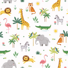Fototapeta premium Cute kids seamless pattern with jungle animals and palms, hand drawn illustration, summer background