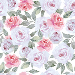 Seamless pattern of light lilac and pink roses with leaves. Hand drawn watercolor.